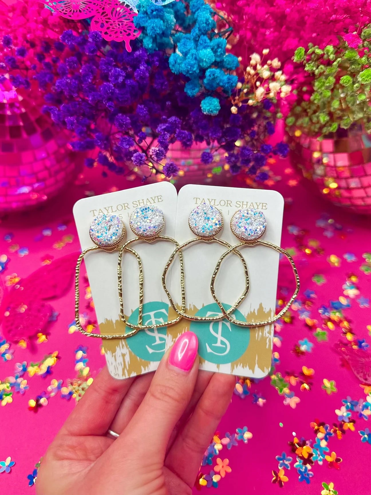 White Rectangle + Circle Glitter Top Hoops