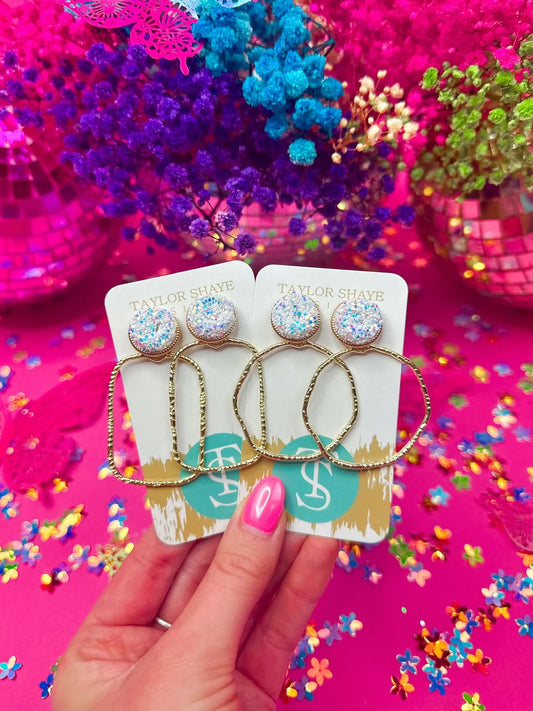 White Rectangle + Circle Glitter Top Hoops