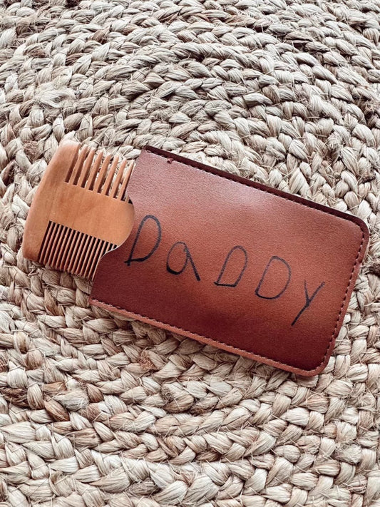 Natural beech wood comb + faux leather pouch (MOQ 3)